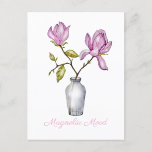 Postal Festiva Acuarela de Magnolia Rosa Botánica