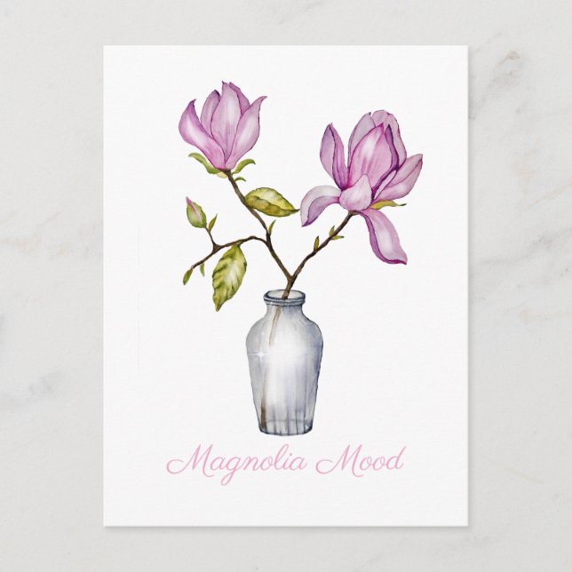 Postal Festiva Acuarela de Magnolia Rosa Botánica (Anverso)
