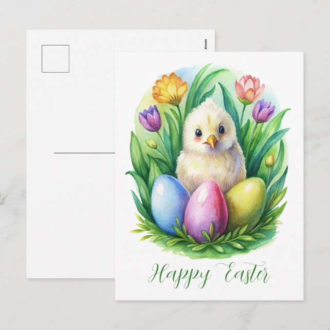 Postal Festiva Acuarela de primavera con pollo tierno y huevos te (Anverso / Reverso)