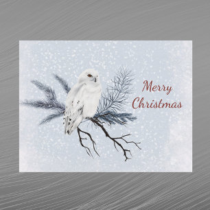 Postal Festiva Acuarela de rama de pino con búho blanco de Navida