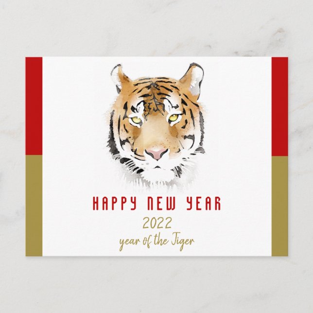 Postal Festiva Acuarela de tigre, año nuevo chino 2022, zodiaco (Anverso)