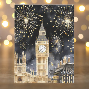 Postal Festiva Acuarela Feliz Año Nuevo Londres Dorado Negro