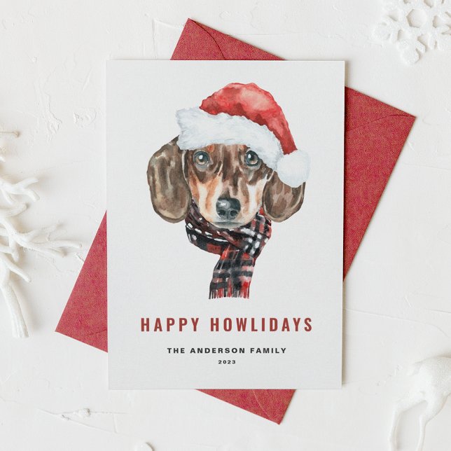 Postal Festiva Acuarela festiva Dachshund Santa Happy Howlidays (Subido por el creador)