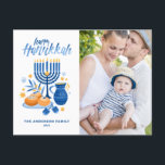 Postal Festiva Acuarela festiva Menorah Feliz Hanukkah Foto<br><div class="desc">¡Feliz Hanukkah! Send Hanukkah desea a la familia y amigos con esta tarjeta postal de personalizable. Presenta ilustraciones acuáticos de símbolos de Hanukkah como Hanukkiah o menorah,  sufganiyot,  aceitunas y dreidel. Personalice agregando nombres y una foto.</div>
