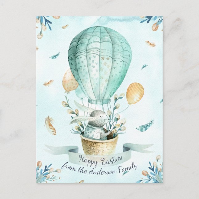 Postal Festiva Acuarela floral moderna Feliz conejo de Pascua (Anverso)