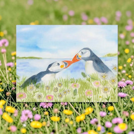 Postal Festiva Acuarela Frailecillos Lindos en un Campo de Flores