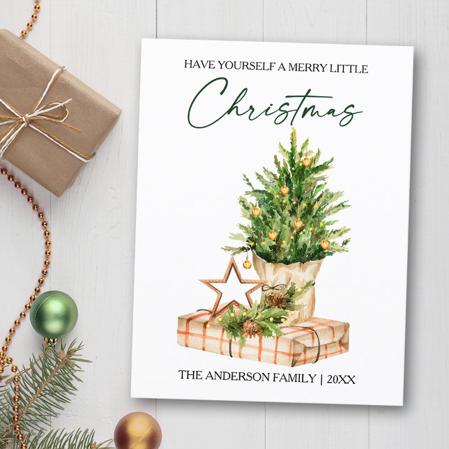 Postal Festiva Acuarela Pines Calligraphy Ink Script Holiday (Customize to change your personalized text size or text style)