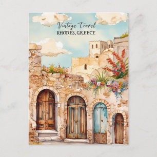 Postal Festiva Acuarela Rodas Grecia Afiche de viaje Mediterra