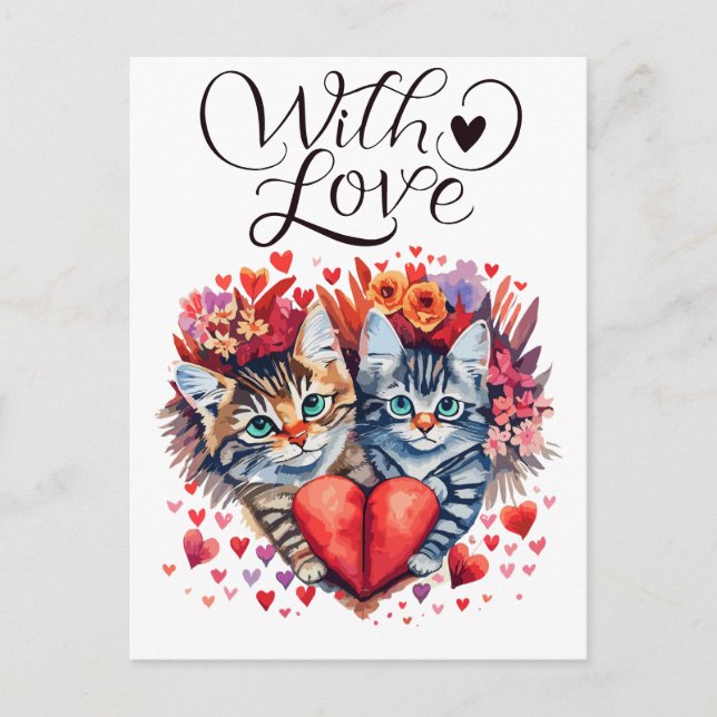 Postal Festiva Acuarela San Valentín gatos con amor (Anverso)