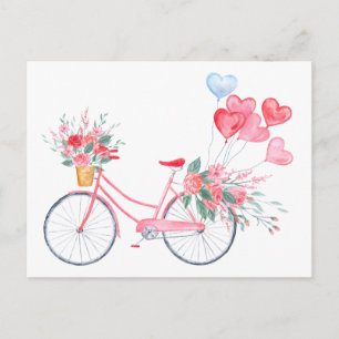 Postal Festiva Acuarela valentina Bicicleta rosa y globos cardíac