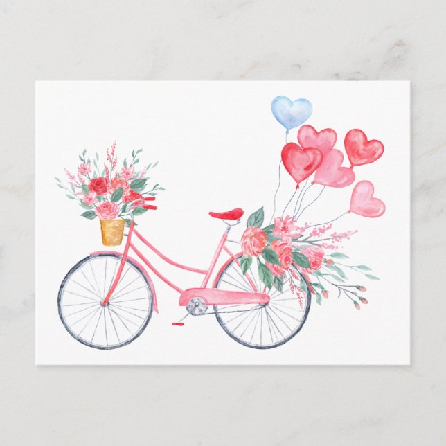 Postal Festiva Acuarela valentina Bicicleta rosa y globos cardíac (Anverso)