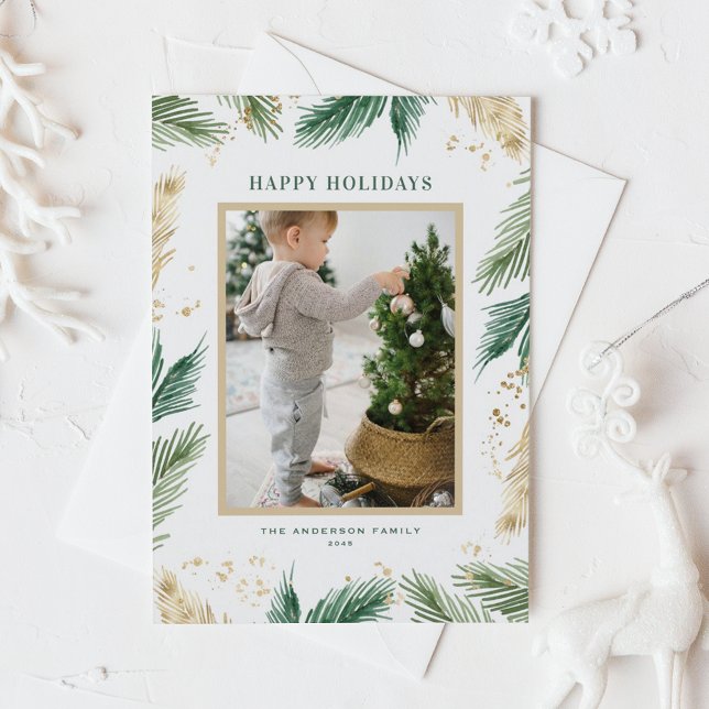 Postal Festiva Acuarela y Relieve metalizado dorado falso Foto de (Green Watercolor and Faux Gold Foil Pine Needles Photo Happy Holidays Postcard)
