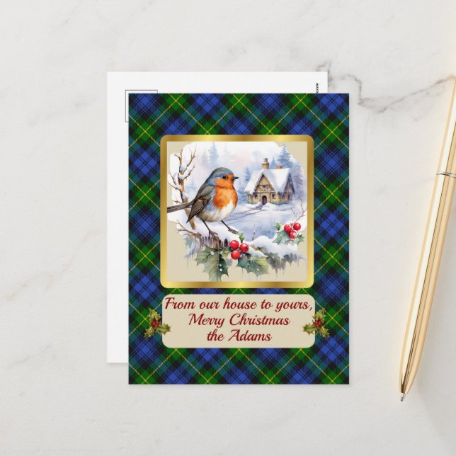 Postal Festiva Adam Escudo y Tartan w/Robin Xmas Personalizadas (Anverso/Reverso In Situ)