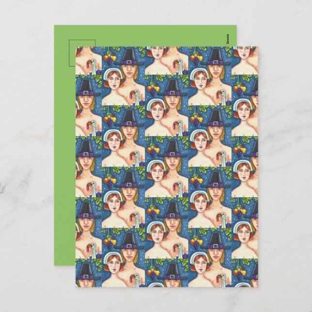 POSTAL FESTIVA ADAM & EVE PILGRIMS, GRACIAS BIBLIOSAS A LA BIBLIO (Anverso / Reverso)