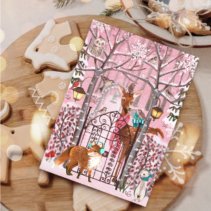 Postal Festiva Adorable Animales de Bosque Invernal Rosa Fiesta