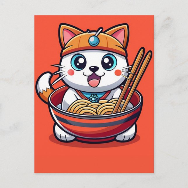 Postal Festiva Adorable Cat Enjoying Savory Ramen Noodles Feast (Anverso)