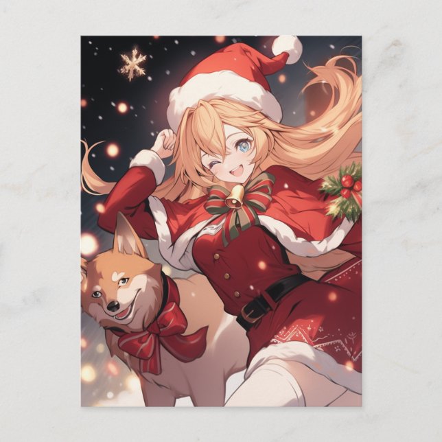 Postal Festiva Adorable Chica de Santa Anime y Navidades Perro Sh (Anverso)