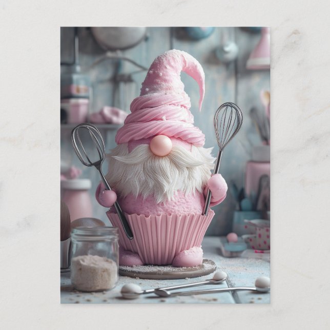 Postal Festiva Adorable Gnome De Hormigón Rosa (Anverso)