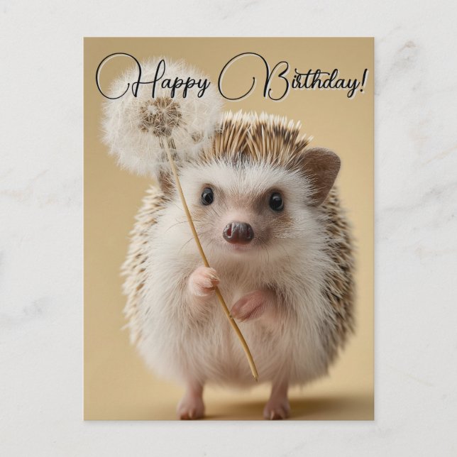 Postal Festiva Adorable Hedgehog sosteniendo un Dandelion (Anverso)