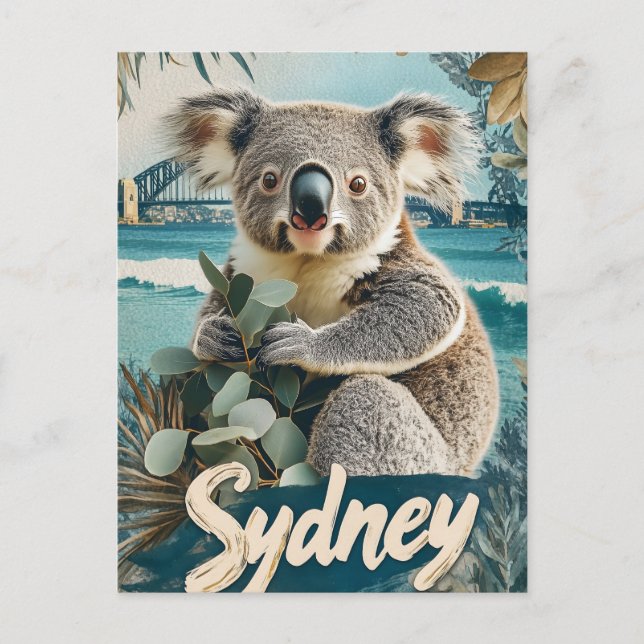 Postal Festiva Adorable Koala con el puente del puerto de Sydney (Anverso)