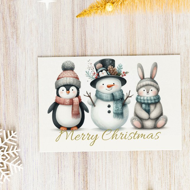 Postal Festiva Adorable Penguin, Snowman & Bunny “Merry Christmas (Subido por el creador)