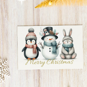 Postal Festiva Adorable Pingüino, Muñeco de Nieve & Conejo “Feliz