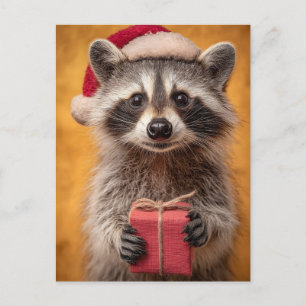 Postal Festiva Adorable Raccoon en un Sombrero de Santa que sosti