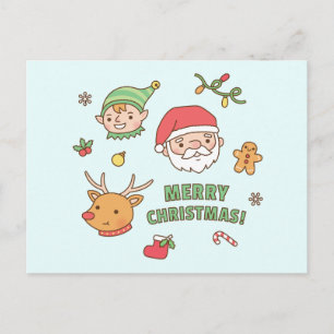 Postal Festiva Adorable Santa de Navidad, Elfo, Reno, Pan de Jeng