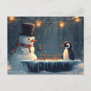 Postal Festiva Adorables hombres de nieve y pingüinos jugando al 