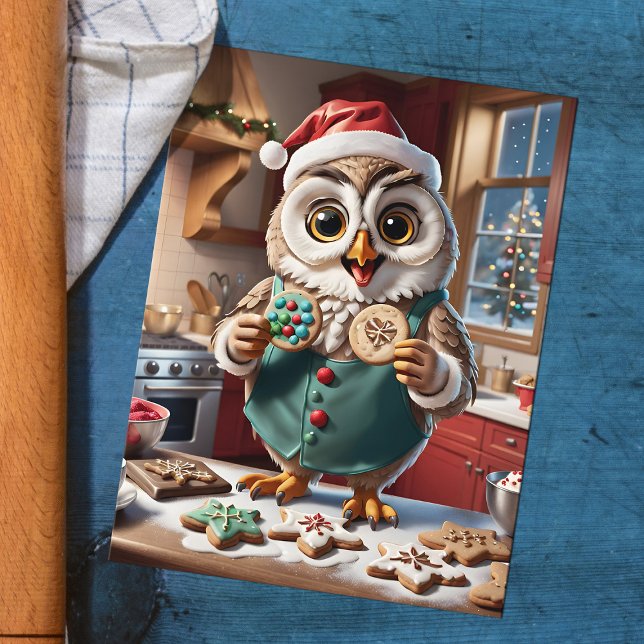 Postal Festiva Adorables Navidades Owl Holiday Cookie Exchange (Happy owl baking Christmas cookies, fun holiday postcard for kids and cookie exchange parties)