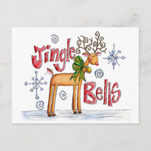 Postal Festiva Adorables renos de Navidad, campanillas copos de n