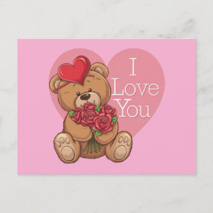 Postal Festiva Adorables Rosas de oseos de Teddy con el corazón d