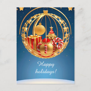 Postal Festiva Adornos Navideños de Rojo Dorado Cañas de Caramelo