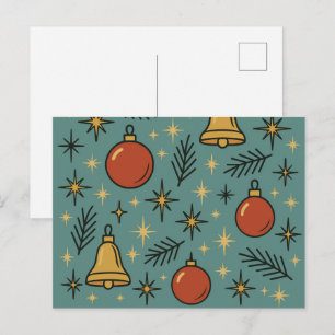 Postal Festiva Adornos Navideños Retro Campana y Estrellas Patrón
