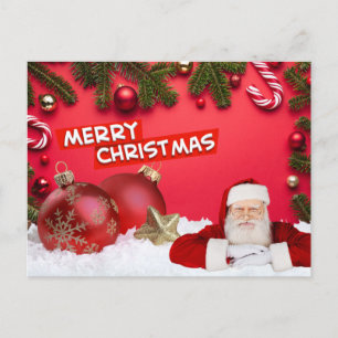 Postal Festiva Adornos Navideños Rojos, Papá Noel, Caña de Carame