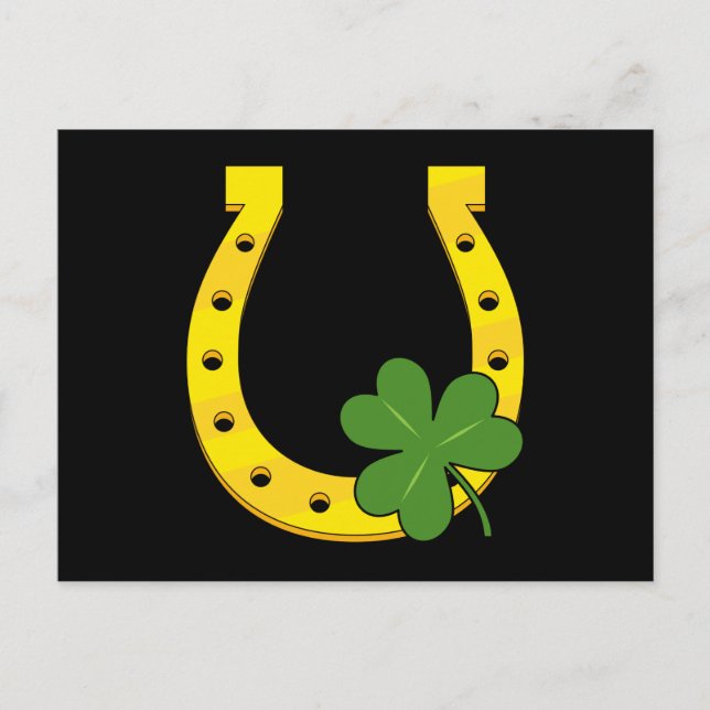 Postal Festiva Afortunado Horseheno de Oro con Shamrock en negro (Anverso)