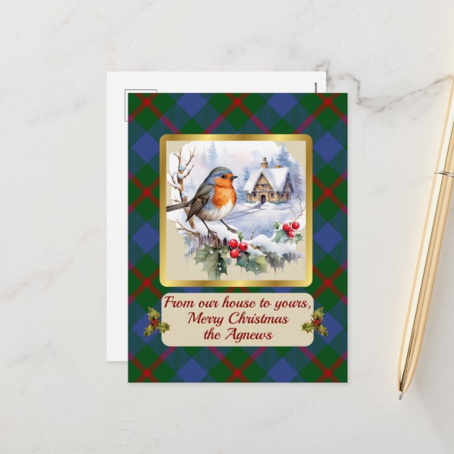 Postal Festiva Agnew Escudo y Tartan w/Robin personalizado (Anverso/Reverso In Situ)