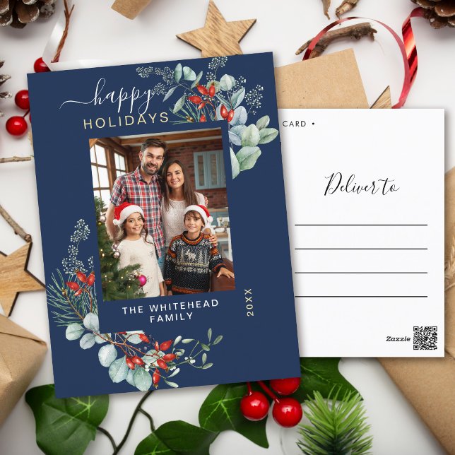 Postal Festiva Agua verde Elegante Marina Azul (You will love these beautiful Christmas cards! They feature botanical watercolor pine and berries.)