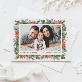 Postal Festiva Agujas de pino botánico y foto de marco de poinset