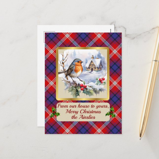 Postal Festiva Ainslie Tartan w/Robin Personalizado (Anverso/Reverso In Situ)