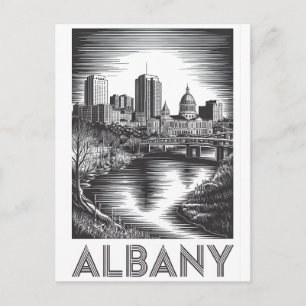 Postal Festiva Albany Nueva York Silueta Urbano Grabado en Madera
