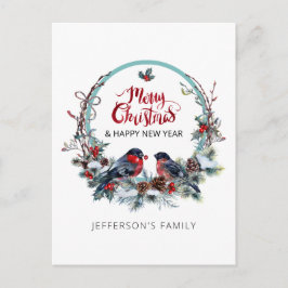 Postal Festiva Alegre bullfinches navideños-wreath Holiday Postca