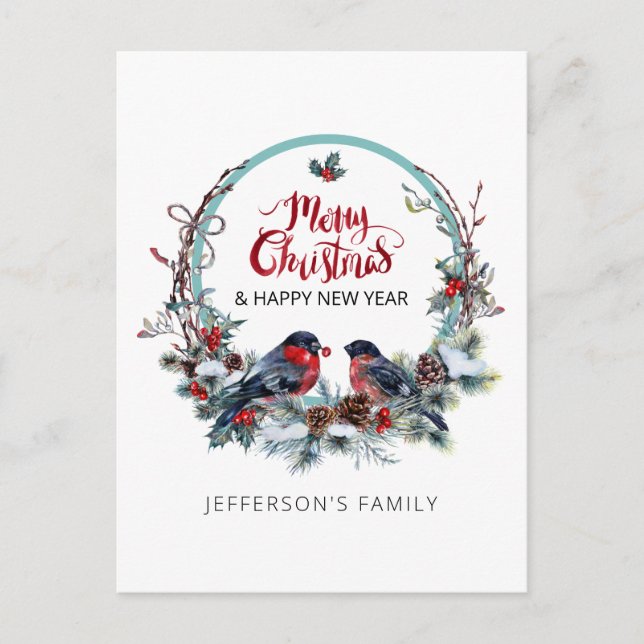 Postal Festiva Alegre bullfinches navideños-wreath Holiday Postca (Anverso)