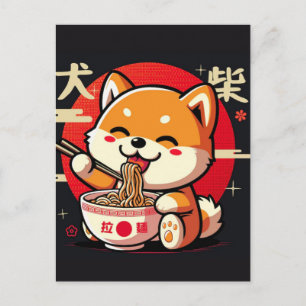 Postal Festiva Alegre Cute Shiba Inu Japonés Disfrutando Ramen