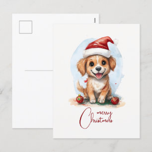 Postal Festiva Alegres Navidades perro con Sombrero y Ornamento