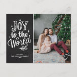 Postal Festiva Alegría De Chalkboard A Los Navidades Mundiales Ca<br><div class="desc">¡Alegría al mundo, el Señor ha venido! Postal de Navidades religiosos personalizables con letras a mano, chispas y follaje con un falso fondo de pizarra. Personalice agregando nombres, fotos, direcciones y mensajes. Envíe deseos y saludos de Navidades a la familia y amigos con esta tarjeta postal rústica de Navidades de...</div>