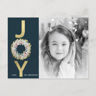 Postal Festiva Alegría Navideña Corona de Hoja de Oro Moderna Fot