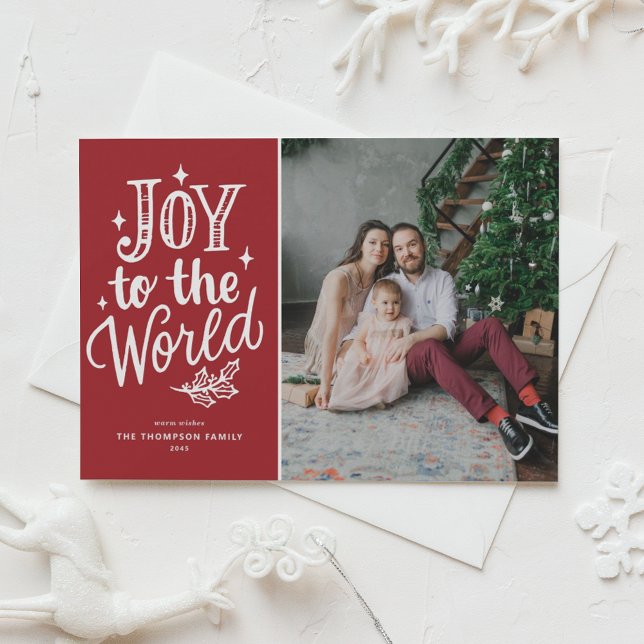 Postal Festiva Alegría Para Los Navidades Del Mundo Carol Red Pho (Celebrate the season with this customizable red "Joy to the World" photo Christmas postcard.)