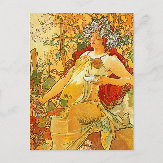 Postal Festiva Alphonse Mucha Art Nouveau Otoño (Anverso)