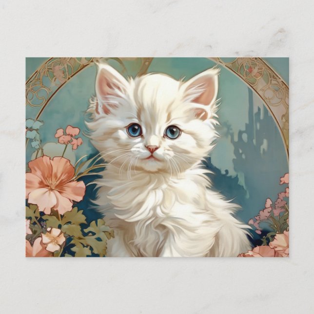 Postal Festiva Alphonse Mucha Estilo Gato Blanco (Anverso)